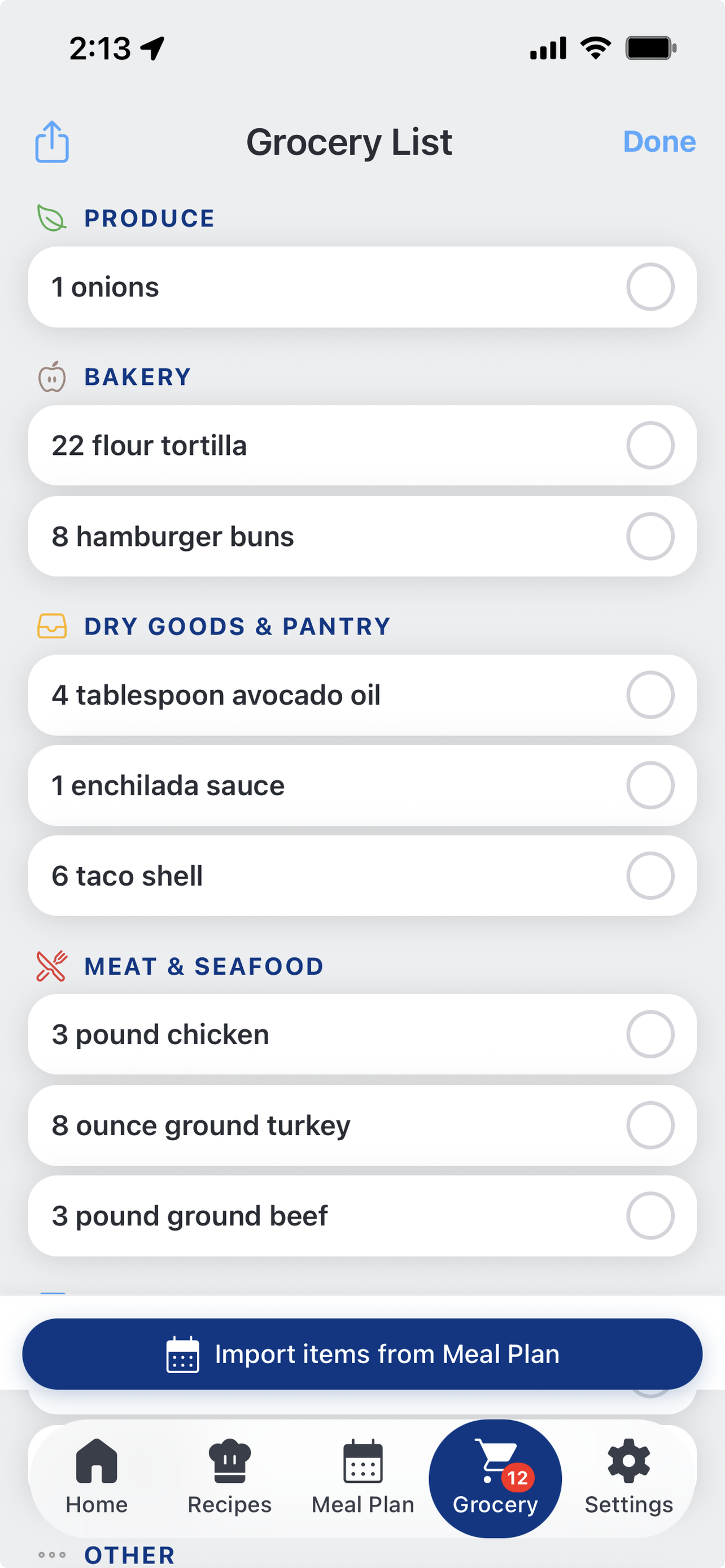 Calimento grocery list